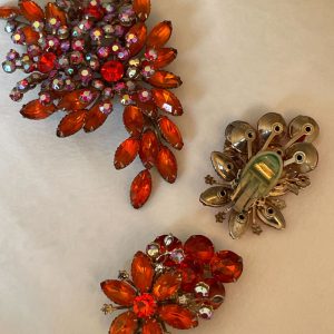 Vintage Orange Crystal Brooch and Ear Clip Set