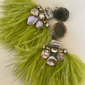 Ranjana Khan Chartreuse Feather and Sweetwater Pearl Earrings